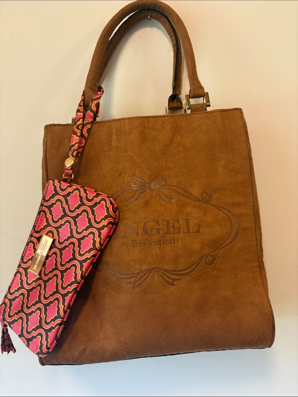 Victoria's Secret Brown Suede Tote with Pink Patterned Wristlet